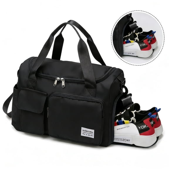 WANDF Gym Bag for Men Women with 2 Front Pockets,Ladies Travel Duffle Bag with Shoe and Wet Compartment, Adjustable Strap Water-Resistant Weekender Carry On Bags,Sports Fitness Bag(Black)