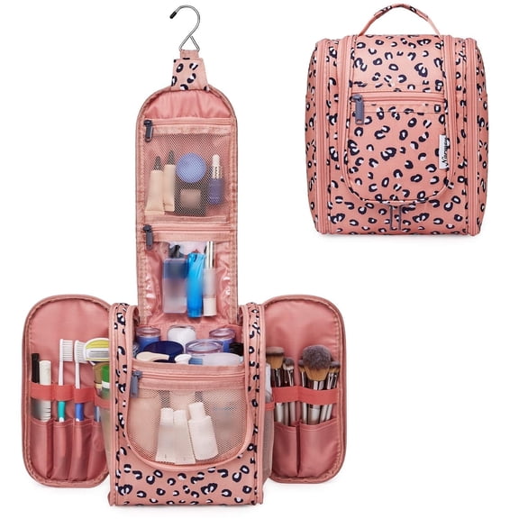 WANDF Hanging Toiletry Bag for Women, Multi-Compartment Cosmetic Bag with Hook, Portable Dopp Kit Organizer, Makeup Bag for Travel,Business Trip,Bathroom(Orange Leopard)