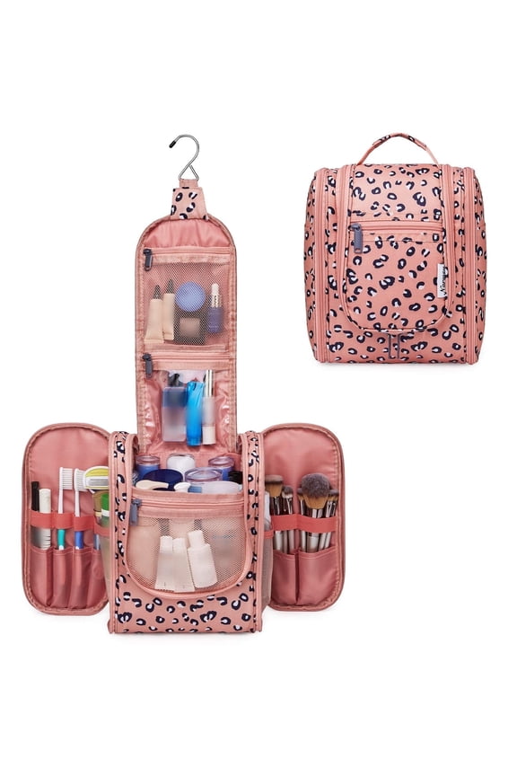 Hanging Toiletry Bag for Women, Multi-Compartment Cosmetic Bag with Hook, Portable Dopp Kit Organizer, Makeup Bag for Travel,Business Trip,Bathroom(Orange Leopard)