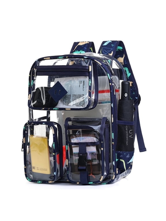 Heavy Duty Clear Backpack with 3 front Pockets,WaterProof Cute Bookbags Laptop Backpack,Large PVC Backpacks Stadium Approved for Sports Events,Work,Travel(Dark Blue Dinosaur)