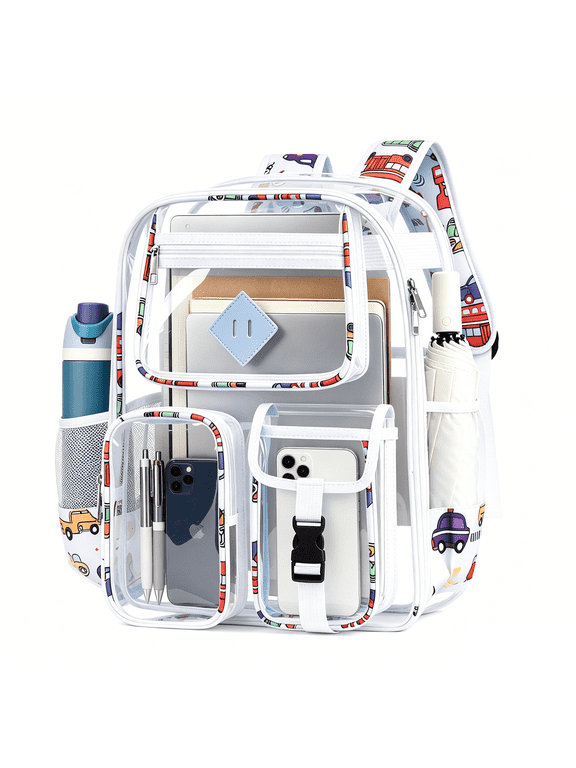 Heavy Duty Clear Backpack with 3 front Pockets,WaterProof Cute Bookbags Laptop Backpack,Large PVC Backpacks Stadium Approved for Sports Events,Work,Travel(White Graffiti)