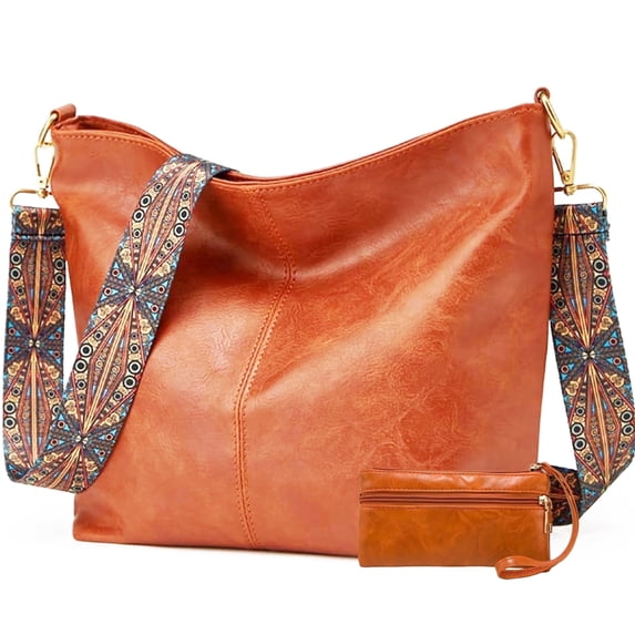 WANDF Hobo Bag for Women,Chic PU Leather Shoulder Bags with Wide Strap,Retro Commuter Bag with Coin Purse for Ladies,Crossbody Tote Bag Handbag for Work,Shopping,Travel(Brown)