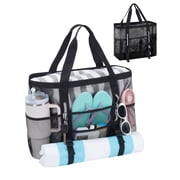 WANDF LARGE Mesh Beach Bag with 40oz Tumbler Side Pockets, Sand-Falls-Through Toy Mesh Tote Bags for Picnic Travel, Family Pool/Beach Essentials with Waterproof Liner PocketBlack Upgraded