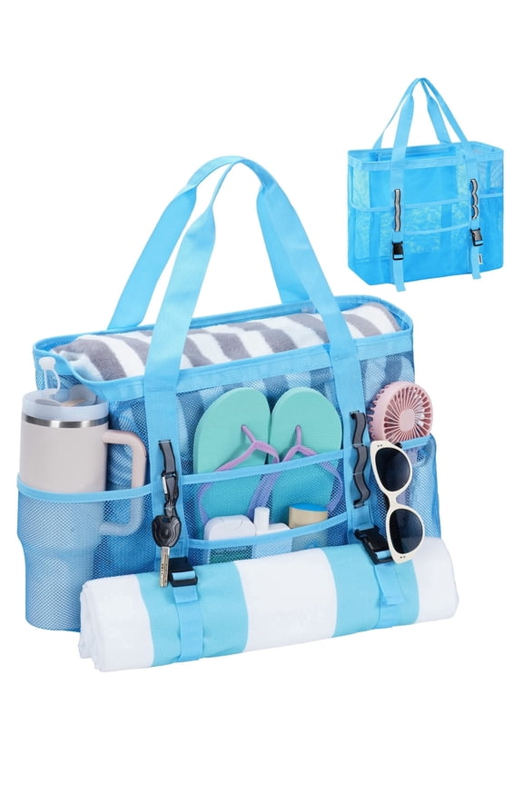 LARGE Mesh Beach Bag with 40oz Tumbler Side Pockets, Sand-Falls-Through Toy Mesh Tote Bags for Picnic Travel, Family Pool/Beach Essentials with Waterproof Liner Pocket(Blue Upgraded)