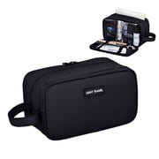 WANDF Large Toiletry Bag with for Men Women,3-Layer PU Leather Travel Dopp Shaving Kit Bag with Wet Compartment ,Water Resistant Cosmetic Makeup Organizer Shower Bathroom BagBlack