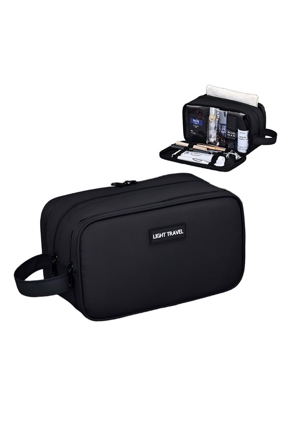 Large Toiletry Bag with for Men Women,3-Layer PU Leather Travel Dopp Shaving Kit Bag with Wet Compartment ,Water Resistant Cosmetic Makeup Organizer Shower Bathroom Bag(Black)