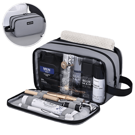 WANDF Large Toiletry Bag with for Men Women,3-Layer PU Leather Travel Dopp Shaving Kit Bag with Wet Compartment ,Water Resistant Cosmetic Makeup Organizer Shower Bathroom Bag(Grey)