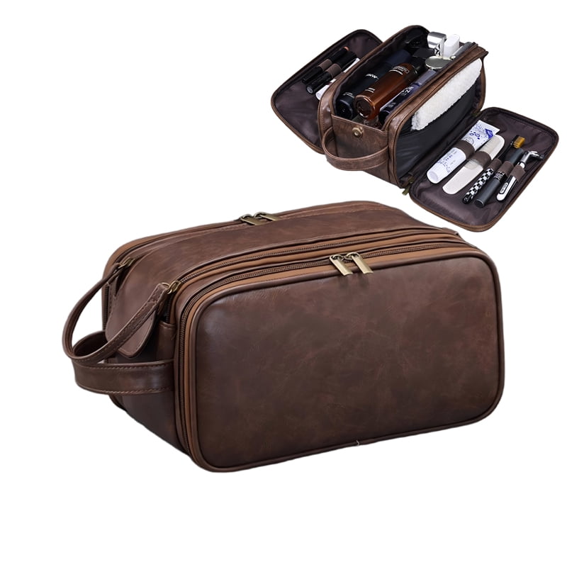 WANDF Large Toiletry Bag with Wet Compartment for Men Women,PU Leather Hanging Travel Dopp Shaving Kit Bag with Double Zippers,Water Resistant Bathroom Bag Cosmetic Makeup Organizer(Dark Brown)