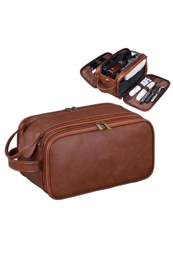 Large Toiletry Bag with Wet Compartment for Men Women,PU Leather Hanging Travel Dopp Shaving Kit Bag with Double Zippers,Water Resistant Cosmetic Makeup Organizer Bathroom Bag(Brown)