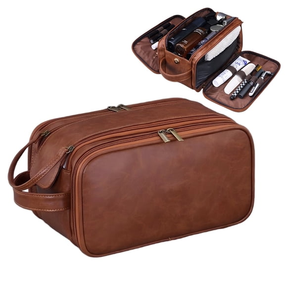 WANDF Large Toiletry Bag with Wet Compartment for Men Women,PU Leather Hanging Travel Dopp Shaving Kit Bag with Double Zippers,Water Resistant Cosmetic Makeup Organizer Bathroom Bag(Brown)