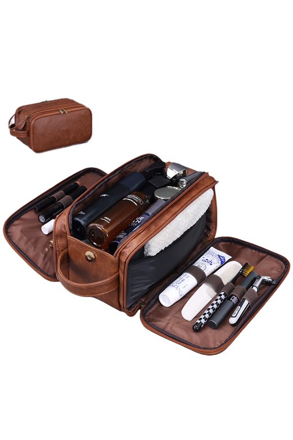 Large Toiletry Bag with Wet Compartment for Men Women,PU Leather Hanging Travel Dopp Shaving Kit Bag with Double Zippers,Water Resistant Cosmetic Makeup Organizer Bathroom Bag(Brown)