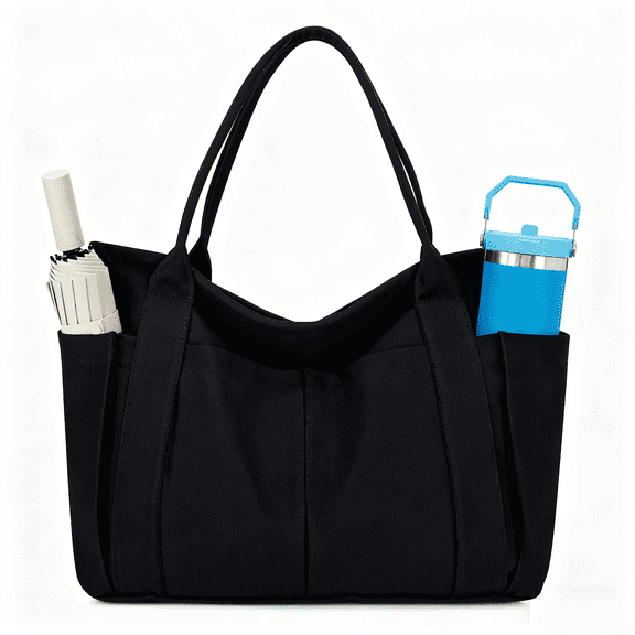 WANDF Large Tote Bag for Women,College,Durable Canvas Totes with Bottle Pockets,Ladies Sling Shoulder Handbags Purse Laptop Bag for Travel, Work,Gym(Black Bag)