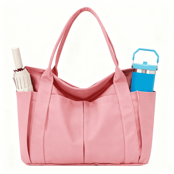 WANDF Large Tote Bag for Women with Compartments,Durable Canvas Totes with Bottle Pockets,Ladies Sling Shoulder Handbags Purse Laptop Bag for Travel, Work,Gym(Pink Bag)