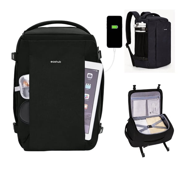 WANDF ECOHUB@ Large Travel Backpack for Men Women,18x14x8 Personal Item Backpack,30L Carry On Backpack with USB Charging Port,17.3 Inch Laptop Backpack, Water Resistant Business Backpack(Black)