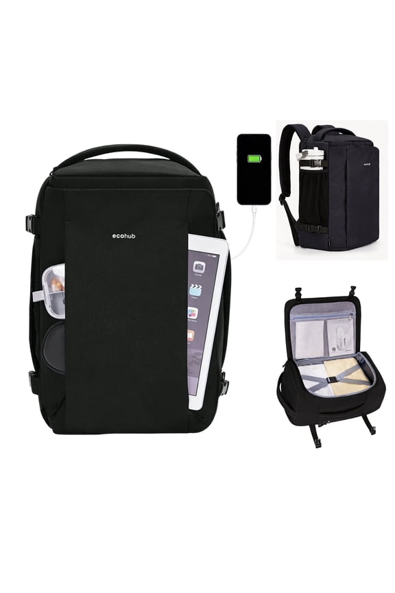 ECOHUB@ Large Travel Backpack for Men Women,18x14x8 Personal Item Backpack,30L Carry On Backpack with USB Charging Port,17.3 Inch Laptop Backpack, Water Resistant Business Backpack(Black)