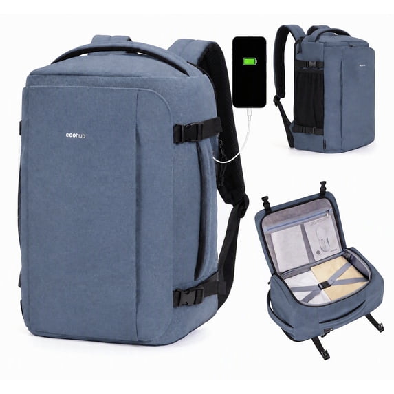 WANDF Large Travel Backpack for Men Women,Personal Item Bag 18x14x8 | 30L Carry On Underseat Backpack,17.3 Inch Laptop Backpack with USB Charging Port,Water Resistant Business Backpack(Sky Blue)
