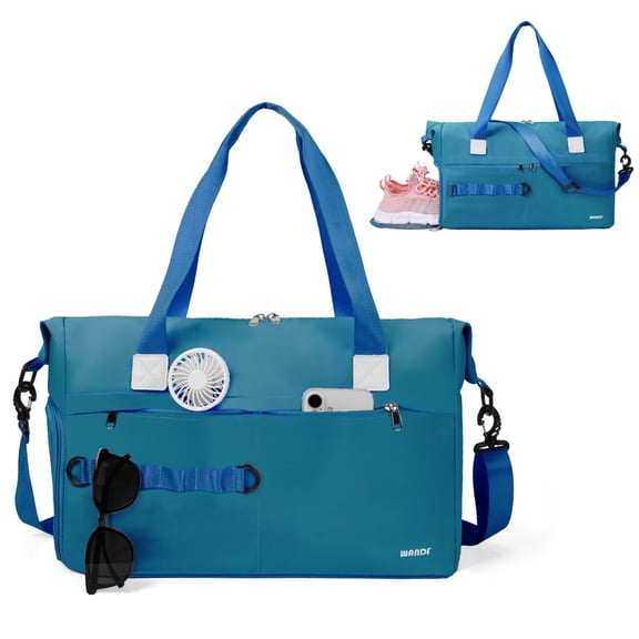 WANDF Large Travel Duffel Bag for Men Women,Gym Bag with Shoes Compartment,Lightweight Personal Item Bag,Waterproof Overnight Luggage Bag with Trolley Sleeve(Bluish Green)