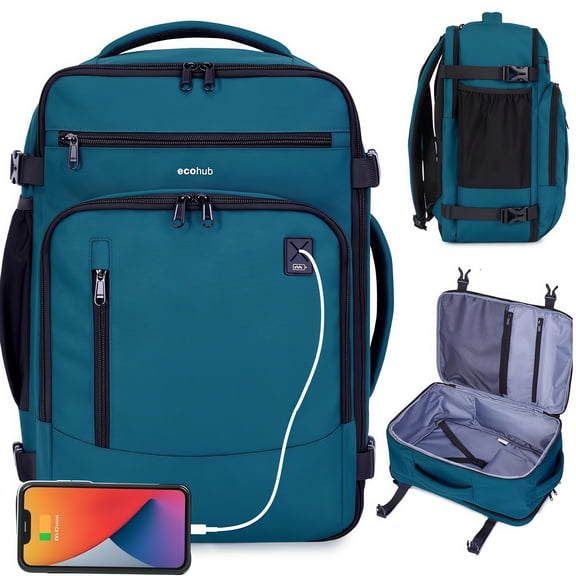 WANDF Travel Backpack with 16 Multiple Pockets, 17''Airline Approved Carry on Luggage, Waterproof Personal Item Bag, Casual Laptop Daypack for Weekender Business Hiking(Blue Green)