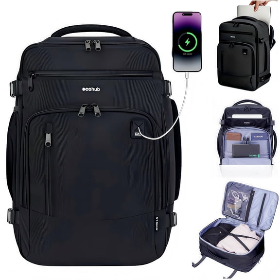 WANDF Travel Backpack With 16 Pockets, 17'' Airline Approved Carry on Luggage,Waterproof Personal Item Bag Fit 15.6" Laptop, Lightweight Casual Daypack for Weekender Business Hiking(Black 25L)