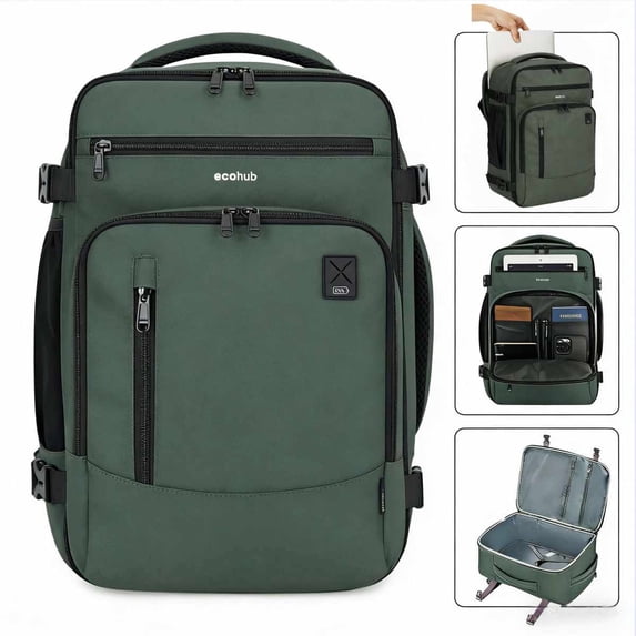 WANDF Travel Backpack With 16 Pockets,Airline Approved Carry on Luggage,Waterproof Personal Item Bag Fit 15.6" Laptop, Lightweight Casual Daypack for Weekender Business Hiking(Green Bag)