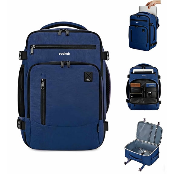 WANDF Lightweight Travel Backpack,Airline Approved Carry on Luggage With 16 Pockets,Waterproof Personal Item Bag Fit 15.6" Laptop,Casual Daypack for Weekender Business Hiking(Blue Bag)