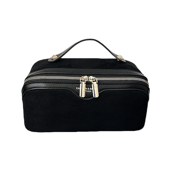 WANDF Makeup Bag Toiletry Bag for Women,Vegan Leather Travel Cosmetic Bag Make Up Organizer with Metal Zipper,Handling Cosmetic Organizer Bathroom Bag(Black)