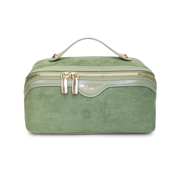 WANDF Travel Makeup Bag,Toiletry Bag for Women, Suede  Make Up Bag Cosmetic Organizer with Metal Zipper,Handling Bathroom Bag(Green)