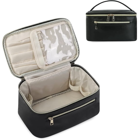 WANDF Makeup Bag for Women with Makeup Brush Holder,Vegan Leather Waterproof Travel Cosmetic Bag Make Up Organizer,Toiletry Organizer Portable Bathroom Bag(Black)