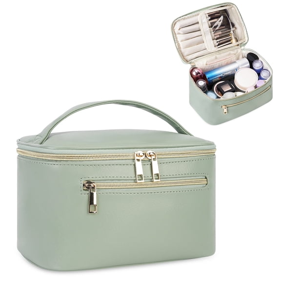 WANDF Makeup Bag for Women with Makeup Brush Holder,Vegan Leather Waterproof Travel Cosmetic Bag Make Up Organizer,Toiletry Organizer Portable Bathroom Bag(Sage Green)