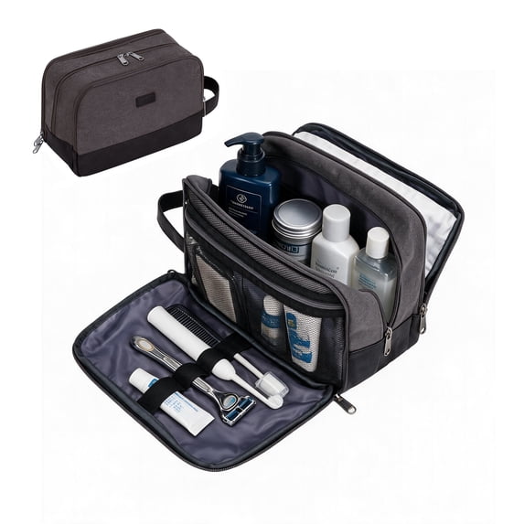 WANDF Mens Toiletry Bag,Hanging Dopp Kit Shave Bag with Wet Pocket,Water Resistant Canvas Travel Toiletries Bathroom Bag ,Travel Accessories Bag Cosmetic Organizer for Women(Dark Grey)