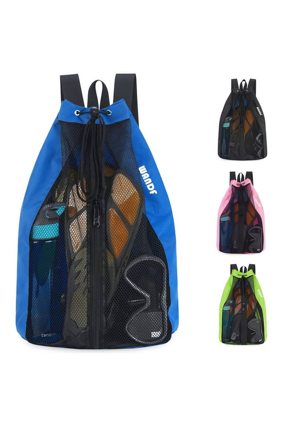 Mesh Swim Bag Beach Backpack with Wet Pocket, Waterproof Pool Bag with Full-Zip Opening for Women and Men,Drawstring Backpack for Swimming, Gym, Cruise,Waterpark Essentials(Navy Blue)