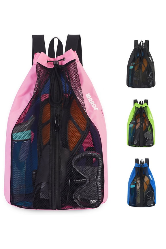 Mesh Swim Bag Beach Backpack with Wet Pocket, Waterproof Pool Bag with Full-Zip Opening for Women and Men,Drawstring Backpack for Swimming, Gym, Cruise,Waterpark Essentials(Pink)