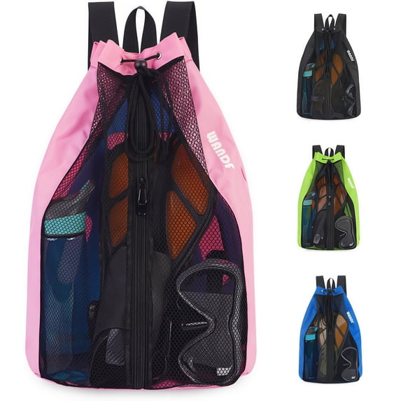 WANDF Mesh Swim Bag Beach Backpack with Wet Pocket, Waterproof Pool Bag with Full-Zip Opening for Women and Men,Drawstring Backpack for Swimming, Gym, Cruise,Waterpark Essentials(Pink)