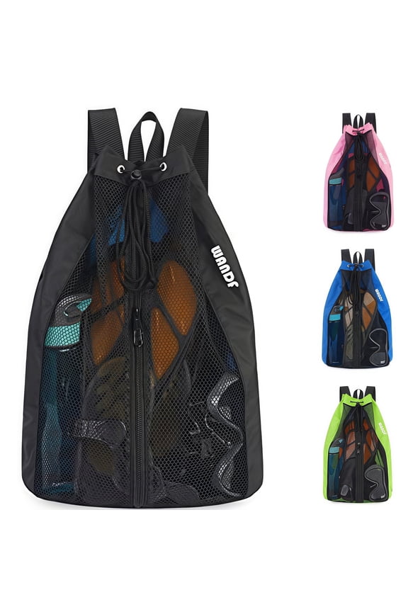 Drawstring Mesh Swim Bag, Beach Backpack with Wet Pocket and Full-Zip Opening for Women and Men, Pool Bag for Swimming, Gym, Cruise,Waterpark Essentials(Black)