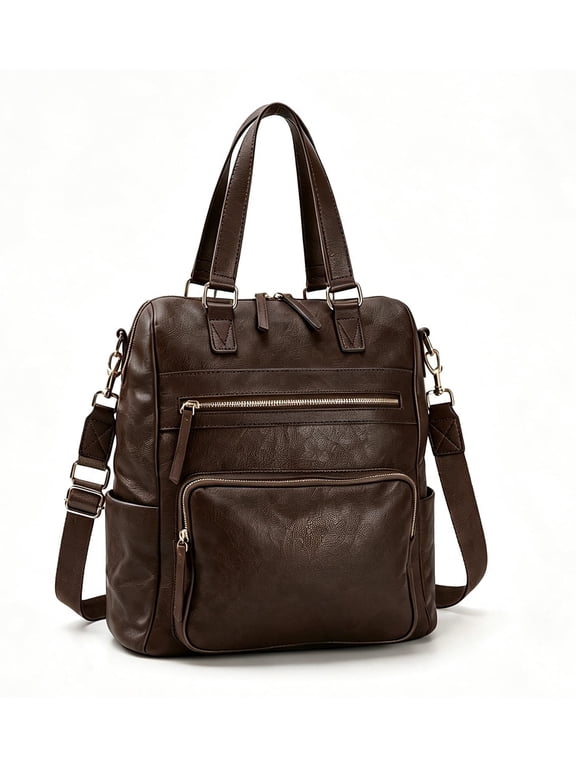 PU Leather Travel Backpack Purse,3-in-1 Fashion Vintage Coffee Handbag Shoulder Bag with 2 Side Pockets, Vegan Leather Daypack with Strap for Work Travel Commute College Daily Use