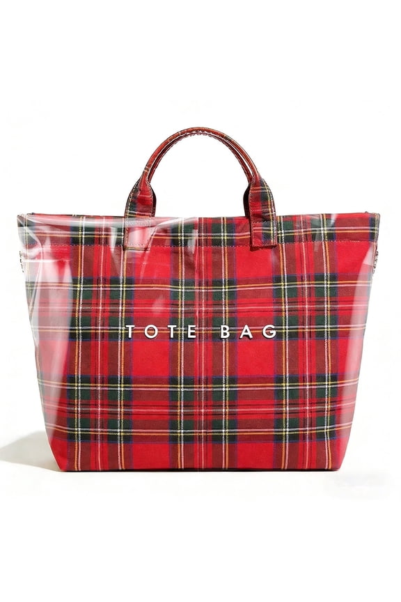 PVC Tote Bag for Women,Classic Coach Tote,Plastic Waterproof Tote Bags for Shopping,Travel,Work,Reusable Grocery HandBag with Inner Pocket,Idea Gifts for Mom,Sister,Girlfriend(Red Grid)