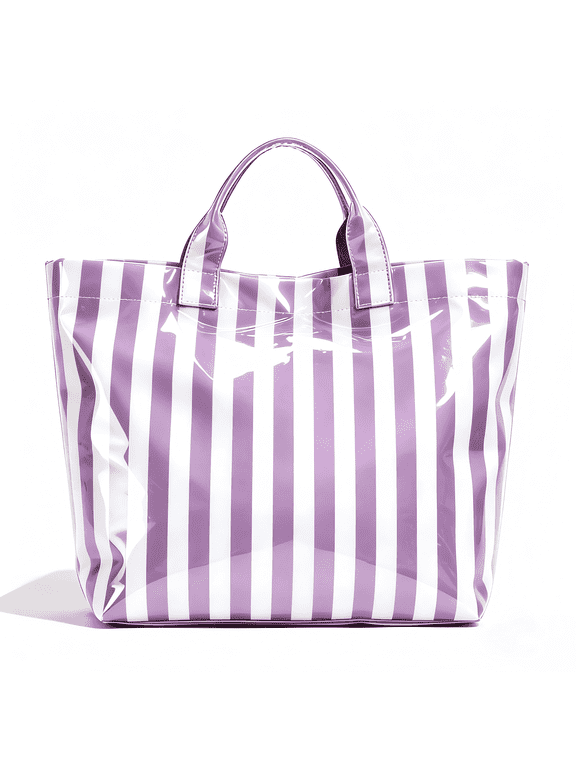 Work Tote Bag for Women,Woman Handbags Tote,PVC Plastic Water-Repellent Tote Bags for Shopping,Travel,Beach,Reusable Grocery Bags,Idea Gift for Mom,Sister,Girlfriend(Purple Stripe)