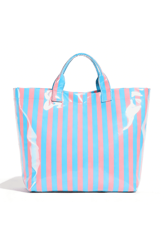 PVC Tote Bag for Women,Plastic Tote Bags for Shopping,Travel,Work,Classic Woman Handbags with Inner Pocket,Eco-Friendly Gift Bag for Ladies,Mom,Sister,Besties(Blue Pink Stripe)