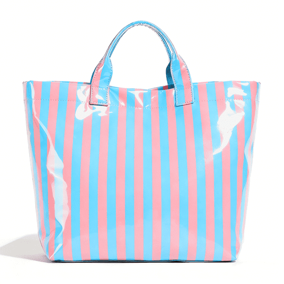 WANDF PVC Tote Bag for Women,Plastic Tote Bags for Shopping,Travel,Work,Classic Woman Handbags with Inner Pocket,Eco-Friendly Gift Bag for Ladies,Mom,Sister,Besties(Blue Pink Stripe)