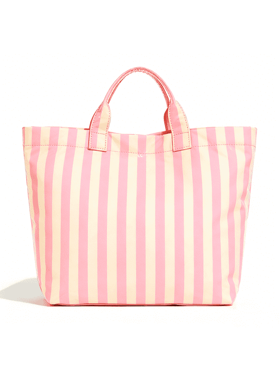 PVC Tote Bag for Women,Plastic Tote Bags for Shopping,Travel,Work,Classic Woman Handbags with Inner Pocket,Eco-Friendly Gift Bag for Ladies,Mom,Sister,Besties(Beige Pink Stripe)
