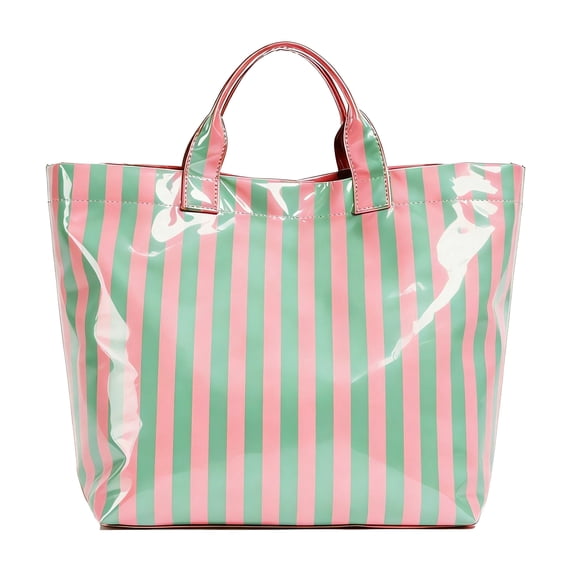 WANDF PVC Tote Bag for Women,Plastic Tote Bags for Shopping,Travel,Work,Classic Woman Handbags with Inner Pocket,Eco-Friendly Gift Bag for Ladies,Mom,Sister,Besties(Green Pink Stripe)