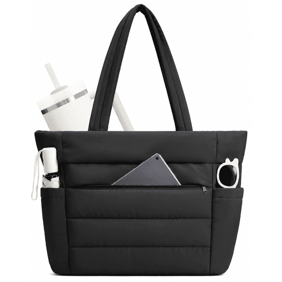 WANDF Puffy Tote Bag for Women,Quilted Puffer Work Tote with Tumbler Holder,15.6 Inch Laptop Bag with 8 Pockets,Lightweight Water-Resistant Shoulder Bag for College,Teacher,Nurse(Black)