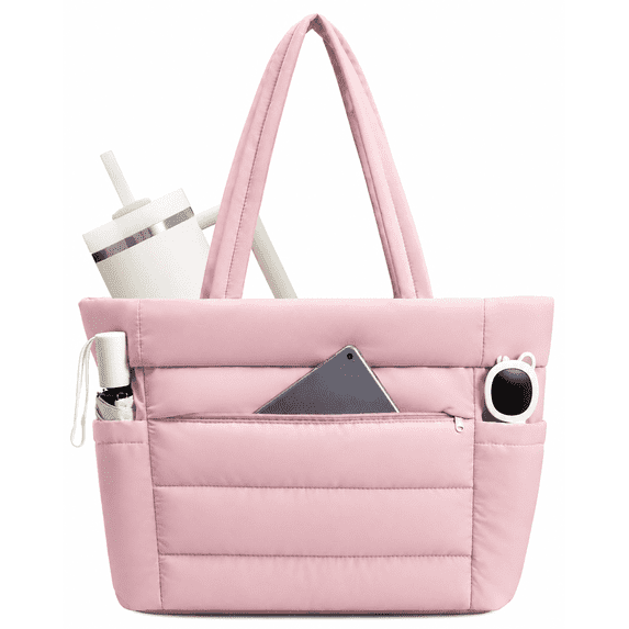 WANDF Puffy Tote Bag for Women,Quilted Puffer Work Tote with Tumbler Holder,15.6 Inch Laptop Bag with 8 Pockets,Lightweight Water-Resistant Shoulder Bag for Mom,Sister,Teacher,Nurse(Pink)