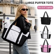 WANDF Puffy Tote Bag for Women,Quilted Shoulder Bag with Laptop Compartment,Lightweight Handbag with Water Bottle Holder for Nurse,Doctor,Teacher,College,Casual Totes for Travel,Work,ShoppingWhite