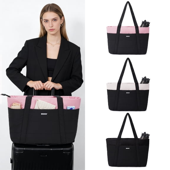 WANDF Puffy Tote Bag for Women,Shoulder Bag with Laptop Compartment Water Bottle Holder,Casual Totes for Ladies,Nurse,Doctor,Teacher,College,Lightweight Handbag for Travel,Work,Shopping(Pink)
