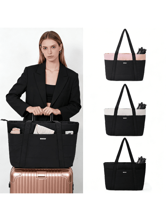 Puffy Tote Bag for Women,Shoulder Bag with Laptop Compartment Water Bottle Holder,Casual Totes for Ladies,Nurse,Doctor,Teacher,College,Lightweight Handbag for Travel,Work,Shopping(Black)