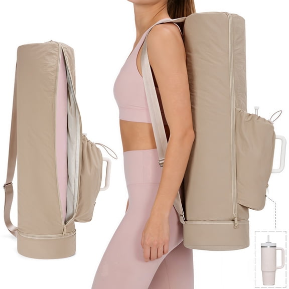 WANDF Puffy Yoga Mat Bag with Wet Pocket & Side Pocket Fits Tumblers with Handle, Full-Zip Pilates Bag Gym Bags for Women Men, Yoga Mat Carrier Storage Bag for Gym Exercise Pilates (Khaki Bag)