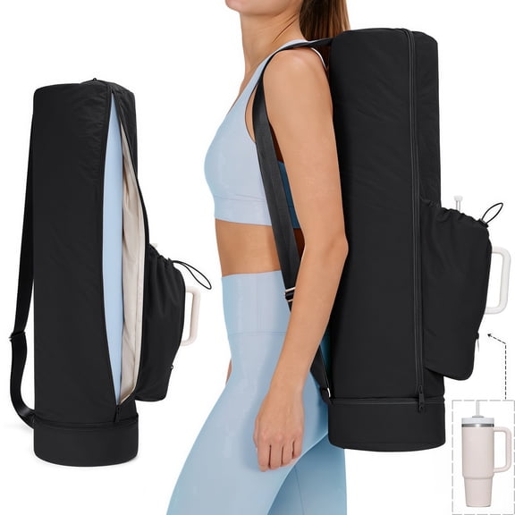 WANDF Puffy Yoga Mat Bag with Wet Pocket & Side Pocket Fits Tumblers with Handle,Full-Zip Pilates Bag Gym Bags for Women Men,Yoga Mat Carrier Storage Bag for Gym Exercise Pilates(Black Bag)