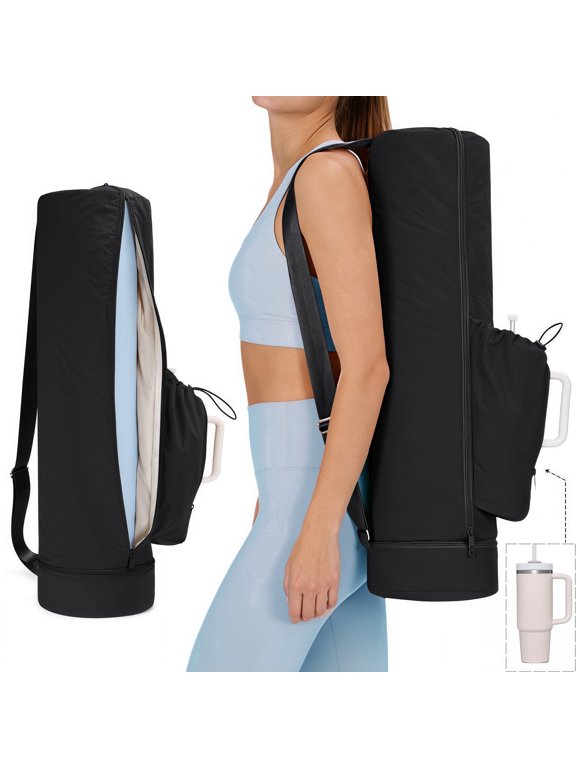 Puffy Yoga Mat Bag with Wet Pocket & Side Pocket Fits Tumblers with Handle,Full-Zip Pilates Bag Gym Bags for Women Men,Yoga Mat Carrier Storage Bag for Gym Exercise Pilates(Black Bag)