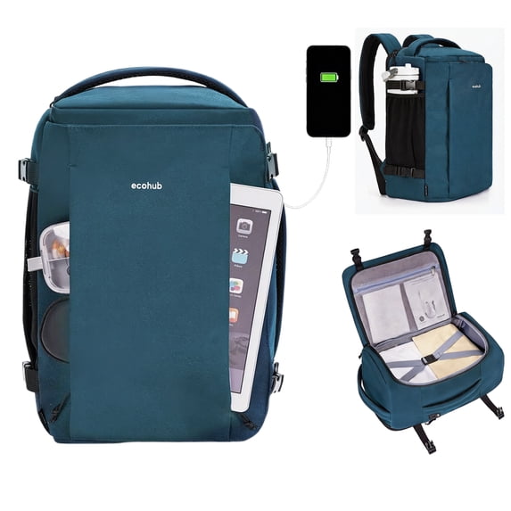 WANDF Small Travel Backpack for Men Women,Personal Item Travel Bag 17x10x9 | 20L Carry On Under Seat Backpack,Smart Clamshell Backpack| 14" Laptop Backpack for Work,College,Business(Bluish Green)